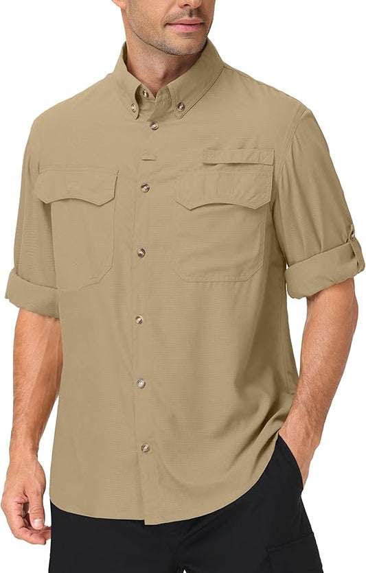 Roadbox Men's Sun Protection Fishing Shirt, Long Sleeve Cool Dry Lightweight UPF 50+ Shirts for Hiking Safari Camping Travel
