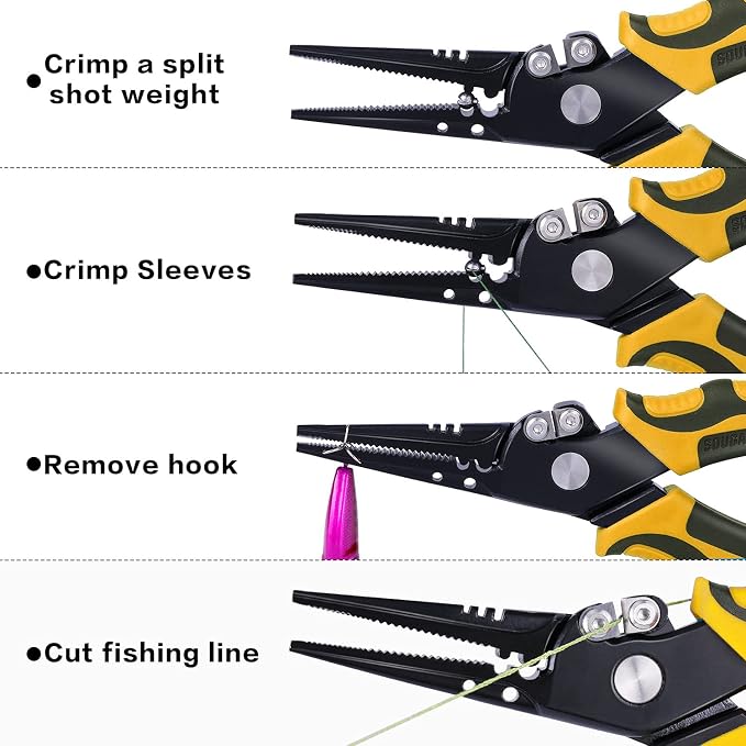 Sougayilang Fishing Pliers,Sheath and Lanyard Tungsten Carbide Cutters,420 Stainless Steel Fishing Tools,Saltwater Resistant Fishing Gear with Rubber Handle-7.5'' Straight Nose - Yellow
