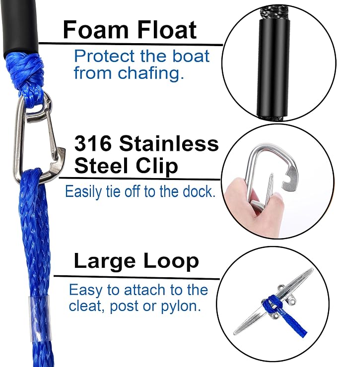 Boat Bungee Dock Lines, Mooring Rope with Stainless Steel Clip,Boat Ropes for Docking, Boat Accessories, Suit for PWC, Kayak, Seadoo, WaveRunner, Pontoon, Bass Boat, 4ft (Blue)