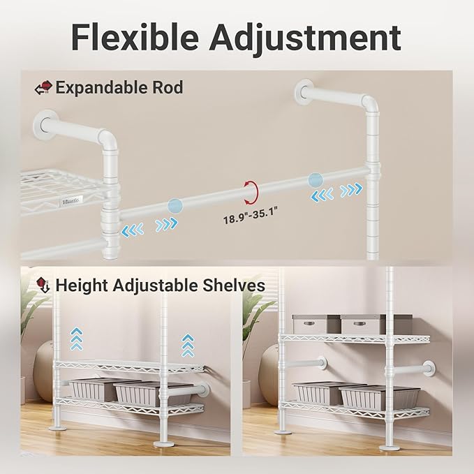 Timate U3 U Shape Heavy Duty Expandable Industrial Pipe Clothing Rack, Wall Mounted L Shaped Closet System, Large Closet Kit, White
