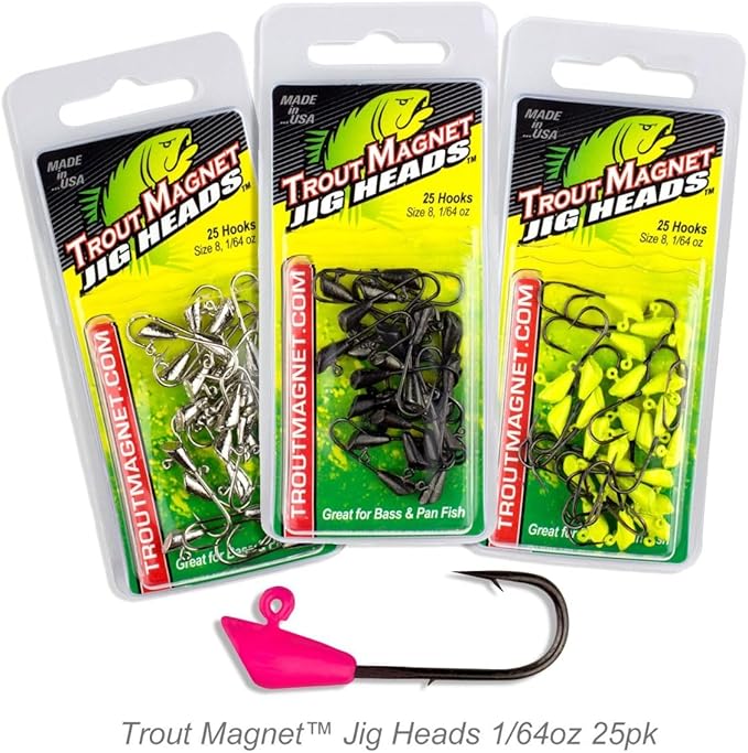Trout Magnet Jig Heads - 1/64 oz - 25 Pack - Shad Dart Head Shape Hook with Lure Body Securing Barb - Balanced Jigs and Hooks for Trout, Crappie, Bass, Panfish - Freshwater Saltwater Fishing Gear
