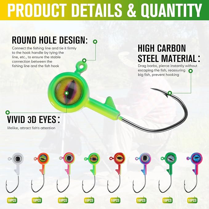 Vinsot Crappie Jig Heads 1/4oz 1/8oz 3/8oz 1/16oz 1/32oz Fishing Jig Hooks Simulation Fish Eye Ball Hook Bulk for Crappie Bass Trout Lures Gift