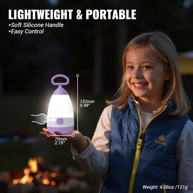 2-Pack Kids Camping Lantern & Night Light, Battery Operated, 360° Eye-Safe Light, IPX4 Waterproof RGB Portable, Sibling Gifts (Purple & Blue, 6× AAA Included)