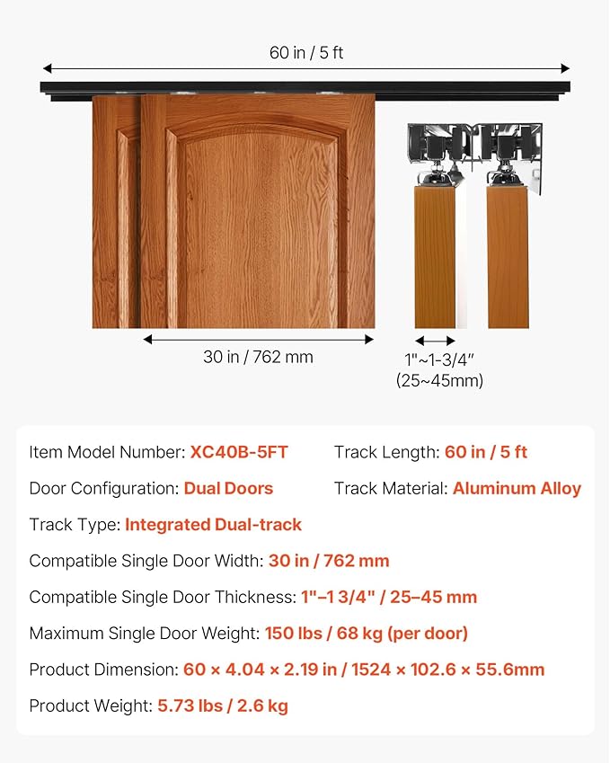 VEVOR Bypass Sliding Door Hardware Kit, 5 ft Aluminum Alloy Dual-Track Bypass Door Hardware, Smooth and Quiet Sliding, Easy to Install, for 1" to 1 3/4" Thickness 30" Width 2 Door System, for Closet