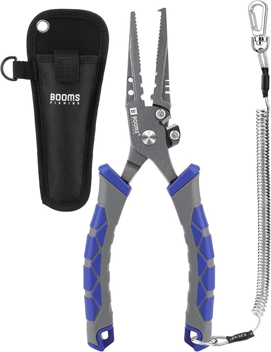 Booms Fishing Multi-Function Pliers Saltwater: 8.5" Carbon Steel Saltwater Fishing Pliers with Hook Remover, Split Ring Tool, Braid Cutters & Crimper for Freshwater & Saltwater Anglers, XW12