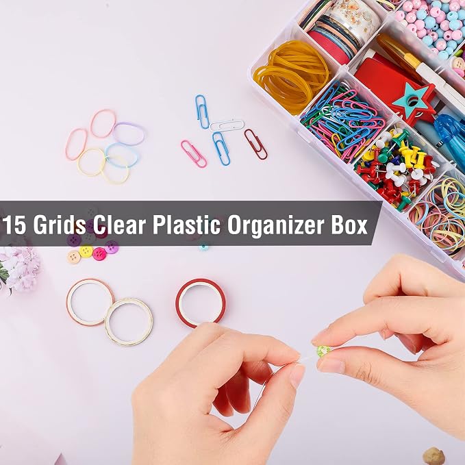 Exptolii 15 Large Grids Plastic Organizer Box with Dividers, 2 Pack Clear Compartment Container Storage for Washi Tapes Beads Crafts Jewelry Fishing Tackles, Size 11 x 6.3 x 2.2 in
