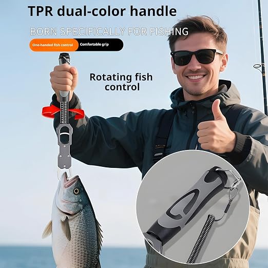 2-in-1 Fish Gripper with Scale, Aircraft-Grade Aluminum Alloy Heavy Duty Fish Lip Holder, MX 18KG Fishing Gripper with Scale, TPR Dual-Color Handle & Rotating Design – Ideal for Anglers (Gray)