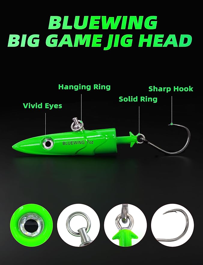 BLUEWING Jig Heads Saltwater 2oz,3oz,4oz,5oz,6oz,7oz Swimming Jigheads 1pc with High Carbon Steel Swing Hook and 6in/9in Replacement Tail Big Game Fishing Lures
