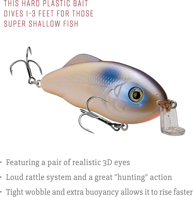 Strike King Hybrid Hunter Shallow Jr. Fishing Lure, Shallow Diving Crankbait, 90-Degree Bill, 3D Eyes, Loud Rattle, Dives 1 to 3-Feet,Size 4 & 6 Treble Hooks