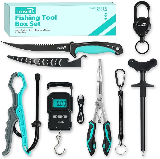 Jenseits Fishing Tool Kit, Fish Gripper, Fishing Pliers, Digital Fish Scale, Fillet Knife, Hook Remover & Fishing Accessories Set, Freshwater Saltwater Fishing Gear, Fishing Gifts for Men Angler