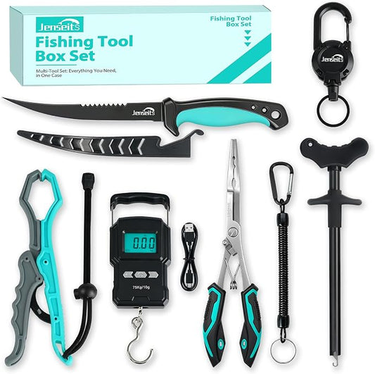 Jenseits Fishing Tool Kit, Fish Gripper, Fishing Pliers, Digital Fish Scale, Fillet Knife, Hook Remover & Fishing Accessories Set, Freshwater Saltwater Fishing Gear, Fishing Gifts for Men Angler