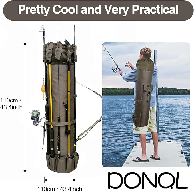 DONQL Fishing Rod Bags, Outdoor Fishing Pole Holders Reel Case, Multifunction Camping Portable Travel Carry Case Backpack Fish Rod Reel Bag, Holds 5 Poles & Fishing Tackles, Fishing Gear for Men