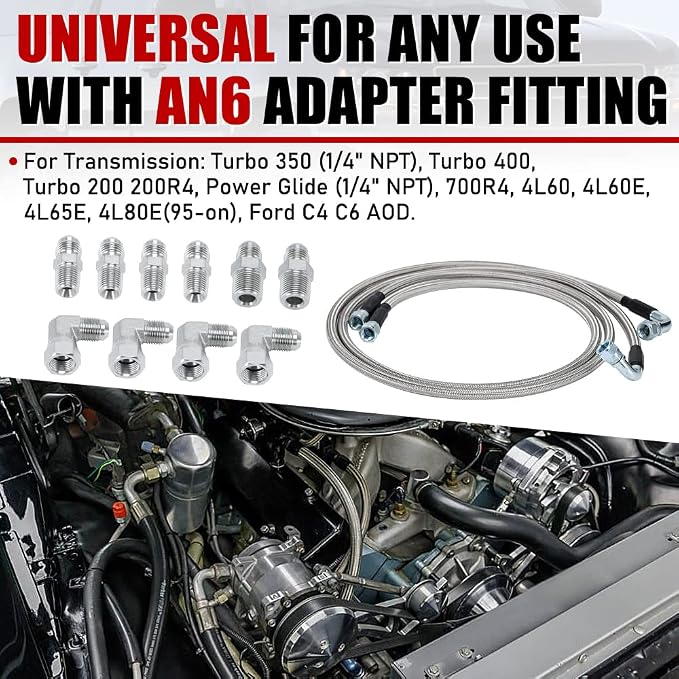 6AN 52" Transmission Fluid Oil Cooler Hose Line kit for GM Chevy Ford GMC Buick Cadillac Cars and Trucks Stainless Steel Braided PTFE Hose