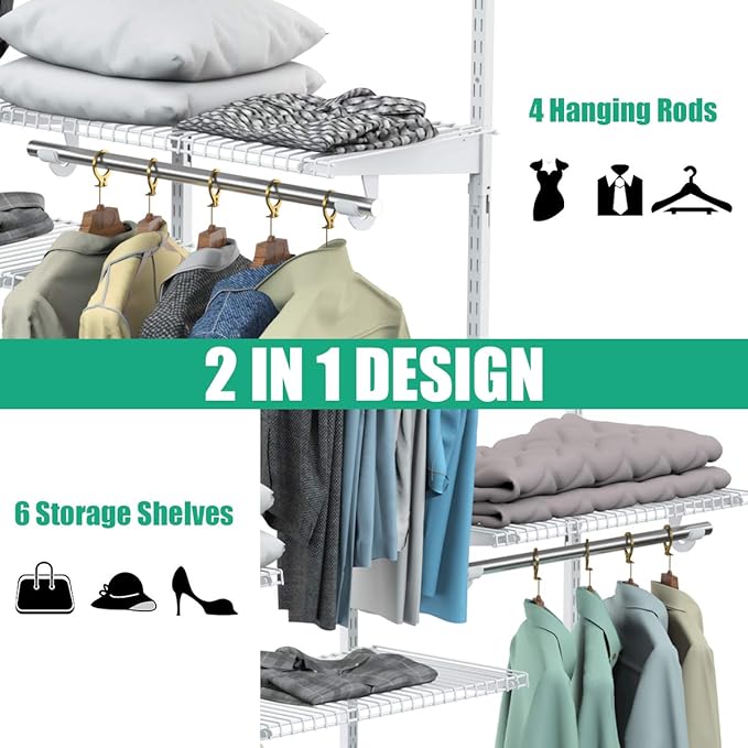 Tangkula 4 to 6 FT Custom Closet System, Wall Mounted With Hanging Rod, Metal Storage Organizer Rack Wardrobe With Shelves, Adjustable Kit for Bedroom