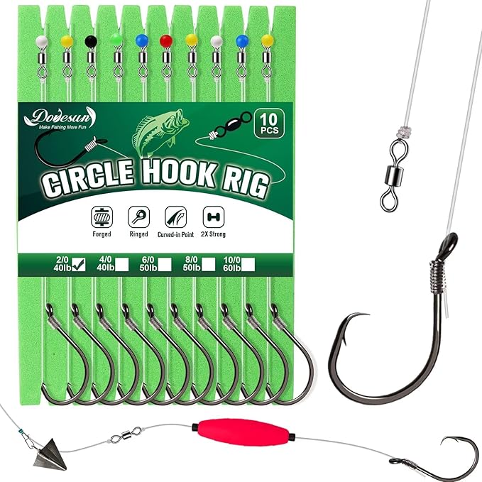 Dovesun 10PCS Pre-Rigged Catfish Rig Circle/Octopus Hooks Rigs for Catfish Offset Circle Fishing Hooks for Saltwater Freshwater 2/0 3/0 4/0 5/0 6/0 7/0 8/0 10/0