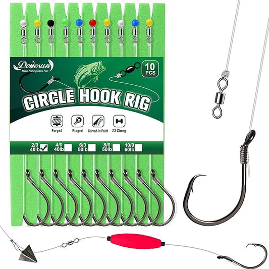 Dovesun 10PCS Pre-Rigged Catfish Rig Circle/Octopus Hooks Rigs for Catfish Offset Circle Fishing Hooks for Saltwater Freshwater 2/0 3/0 4/0 5/0 6/0 7/0 8/0 10/0