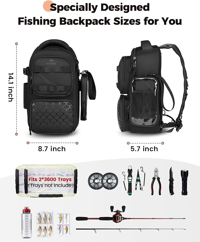 MATEIN Fishing Sling Bag with Lure Rod Holder & Phone Pouch, Waterproof 3600 Tackle Box Backpack with Removable Bait Binder