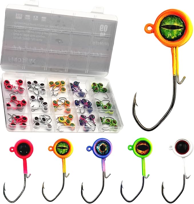60Pcs Big Eye Crappie Jig Heads Kit, Bright Color Panfish Fishing Jig Heads Hook with Wired Bait Keeper Swimbait Jighead for Crappie Walleye 3 Sizes 1/32oz 1/16oz 1/8oz