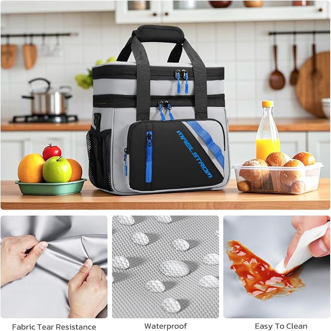 Maelstrom Lunch Box, 20L Insulated Lunch Bag for Men Women, Expandable Double Deck Leakproof Cooler Bag with 6 Pockets, Reusable Lunch Tote Bag for Work, Picnic, Travel, Grey