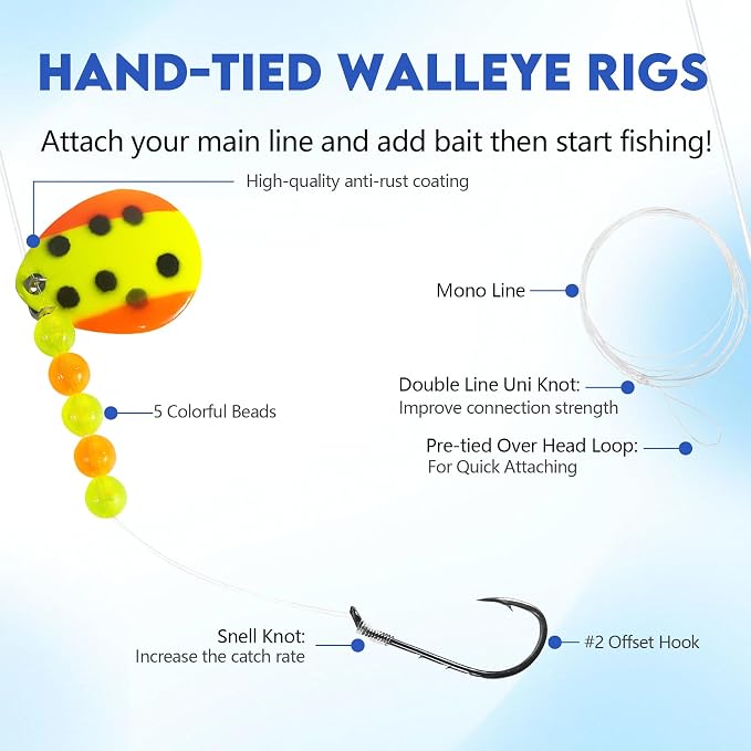 Eupheng Hand-Tied Walleye Rigs 15LB Spinner Crawler Harness with Colorado & Willow Blades, Single/Double Sharp Hooks, Pre-Rigged Bait Rigs for Walleye, Bass, Trout, Salmon – 6PCS/12PCS Kit