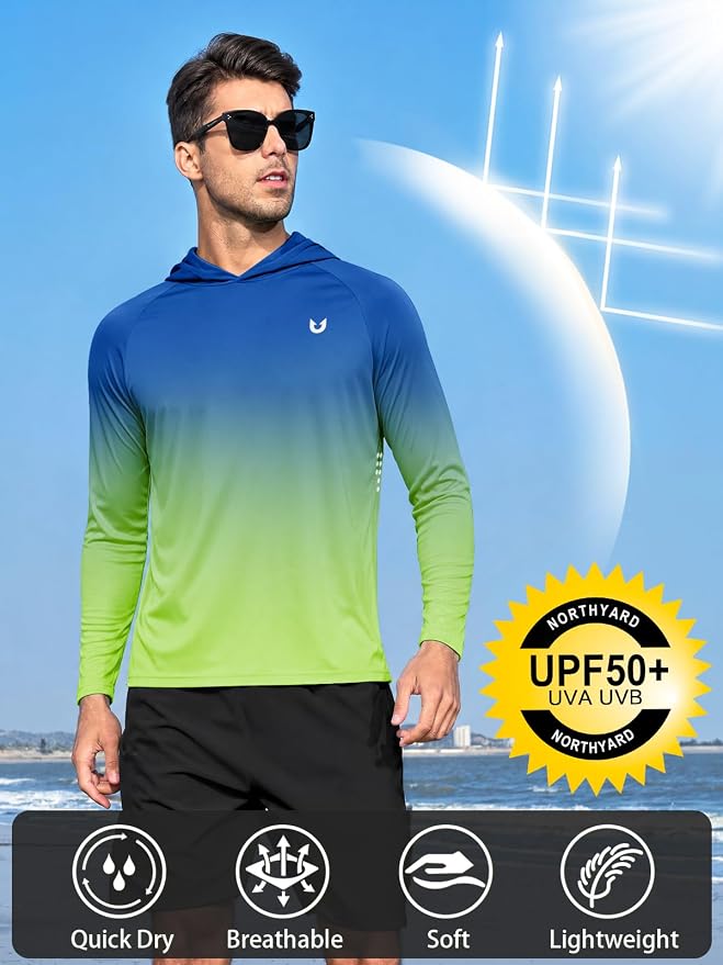 NORTHYARD Men's UPF 50+ Rash Guard Hoodie Long Sleeve Sun Protection Shirt Fishing Swim Beach Hiking Quick Dry Lightweight