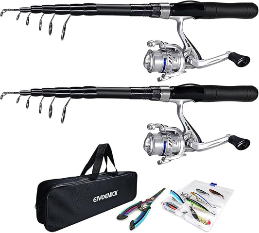 Fishing Rod and Reel Combos, 2PC Telescopic Fishing Pole Spinning Reels Sets, Collapsible Fishing Rod Full Kit with with Fishing Pliers Carrier Bag for Travel Saltwater Freshwater