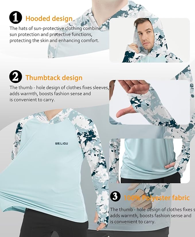 Men's UPF 50+ Sun Protection Hoodie Shirt Long Sleeve SPF Fishing Outdoor UV Hiking Lightweight Shirts