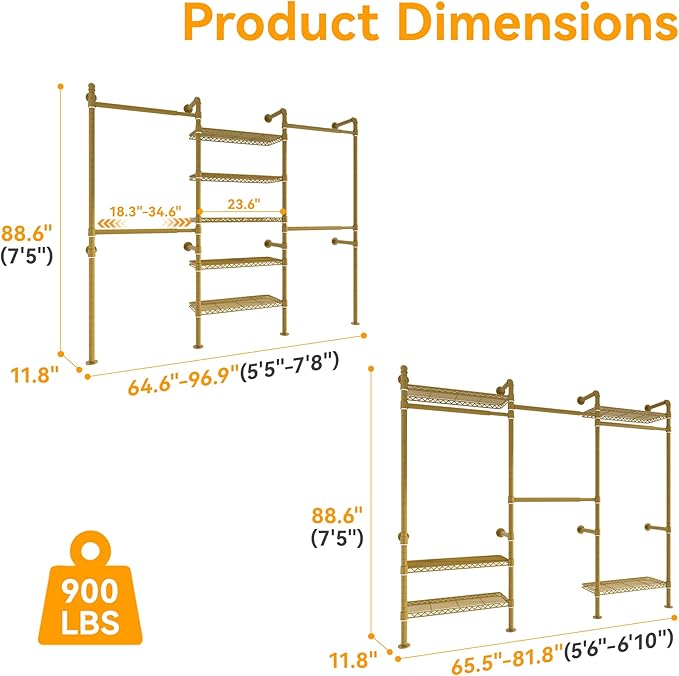 W3 Wall Mounted Closet System, Expandable Industrial Pipe Clothes Rack Clothing Rack for Hanging Clothes, Heavy Duty Garment Rack Closet Organizers and Storage Reach in Closet, Gold
