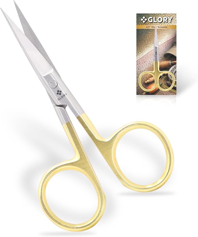 GLORY Professional Fly Tying Scissors, 4.5 Inch Razor Sharp Hair Scissors with Gold Loops, Stainless Steel Fishing Scissors for Flies, Lures & Precision Trimming - Straight Arrow Tip Shears