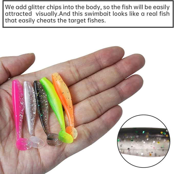MAFIMOEA 50 Pcs Soft Fishing Lures Plastic Paddle Tail Swim Baits Kit for Bass Trout Walleye Crappie 5 Mixed Colors Fishing Soft Plastic Lure Kit 5.5CM