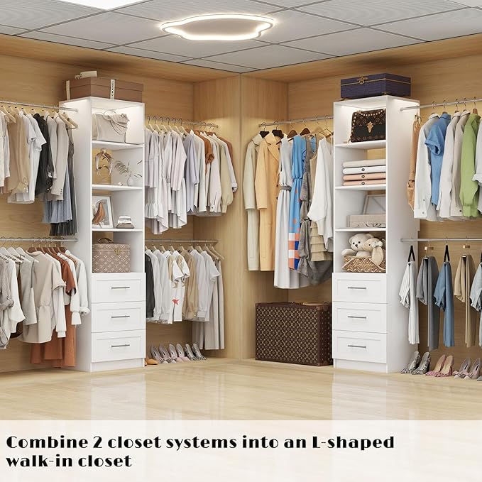 Closet System, 5FT-9FT Closet Organizer System 114.9" Walk in Closet Storage System with 3 Wooden Drawers 4 Expandable Hanging Rods, Wall Mount White
