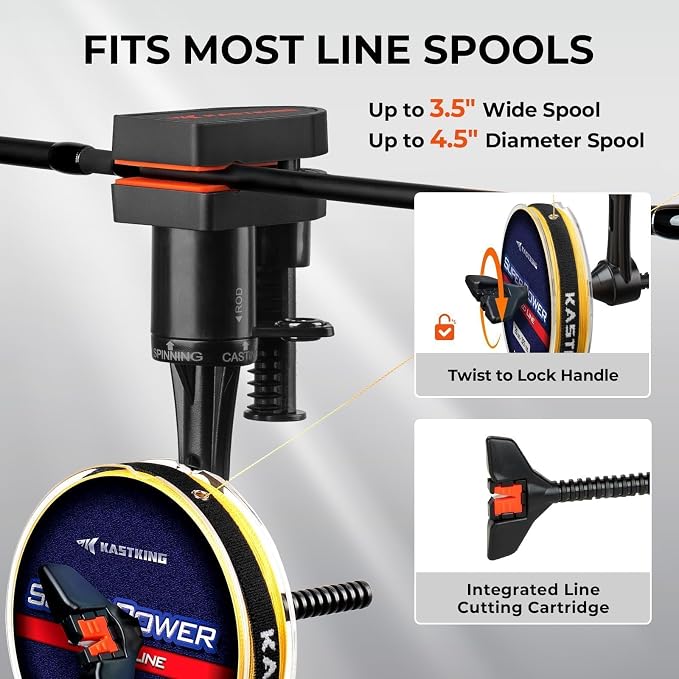KastKing TrueWind Clamp-On Fishing Line Spooler, Portable Fishing Reel Spooler for Spinning & Baitcasting Reels, No Line Twist, Adjustable Tension, Built-in Line Cutter