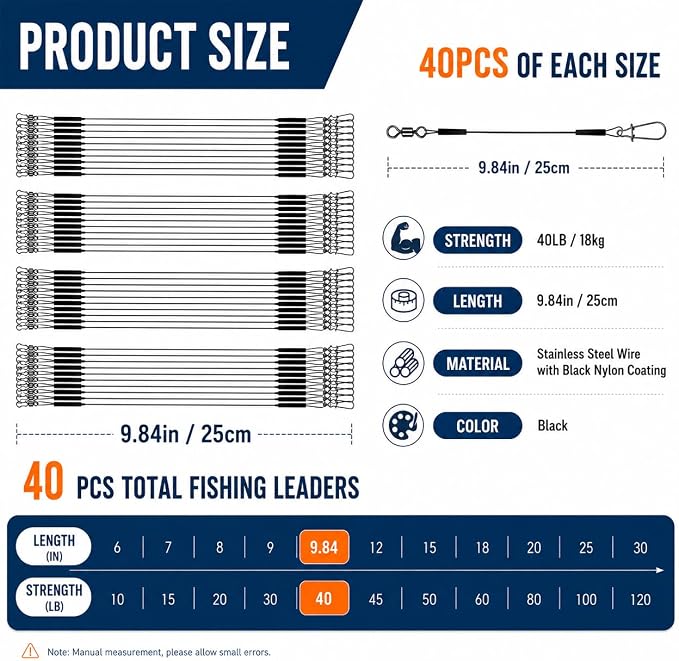 Stainless Steel Fishing Wire Leaders, Black Coated & Uncoated Options, Heavy Strength 31–100LB, 6–21in Multi Sizes with Rolling Swivels Snaps for Salt Fresh Water Shark Pike Barracuda