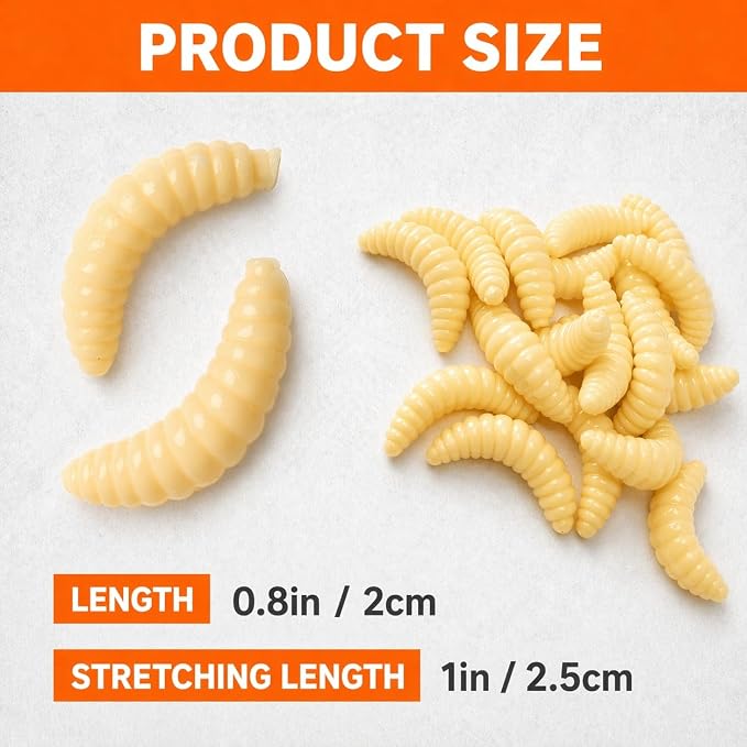 Fake Worms for Fishing – Realistic Soft Plastic Fishing Lures – Artificial Maggots & Waxworms for Panfish, Bluegill Lure Bait