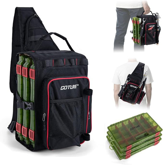 Goture OpenSide Tactical Sling Tackle Bag with 3 Tackle Trays, Lightweight Fishing Backpack Storge Gear - Black Bag Outdoor,Gift for men