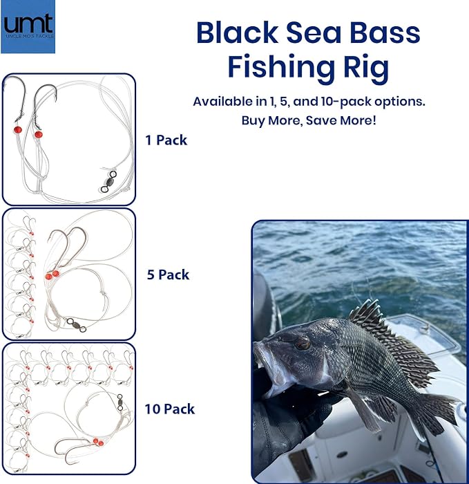 Sea Bass Hi/Lo Saltwater Fishing Rigs 1, 5 &10 Pack Bulk Options - Uncle Mo’s Tackle – Mustad Size 3/0 Bait Hook, 60lb Heavy Duty, 80lb Swivel & Sinker Loop, Hand Tied - for Fluke Porgy Snapper Croaker Sea Trout Tautog Spot Pompano