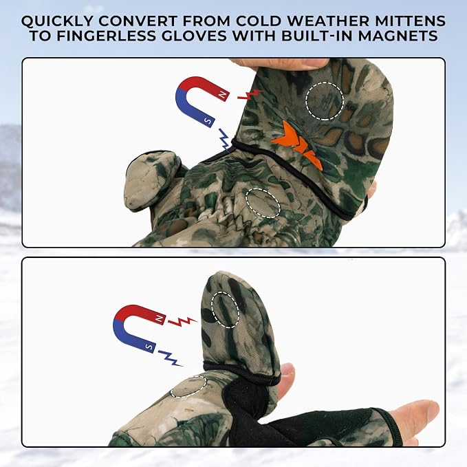 KastKing PolarBlast Convertible Ice Fishing Gloves Cold Weather Mittens and Fingerless Gloves with 3M Thinsulate Ideal for Ice Fishing, Photography