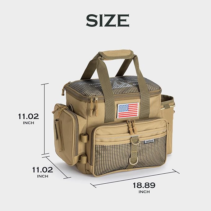 Ghosthorn Fishing Tackle Bag with Rod Holder Saltwater & Freshwater Resistant Tackle Box Bag - Adjustable Padded Shoulder Strap (Khaki)