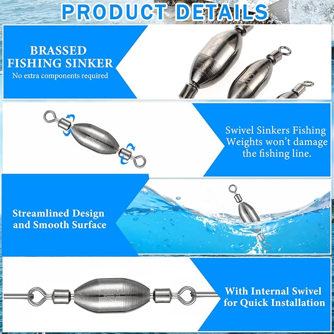 Seenelling 48 Pcs Trolling Sinkers with Swivels Brass Fishing Sinker Different Sizes Egg Sinkers Fishing Weights Saltwater Bullet Sinker with Swivel Rolling Removable Freshwater
