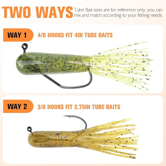 Dovesun Tube Jig Heds, 15pcs Tube Bait Fishing Jigs 3X Strong 3/0 4/0 Bass Hooks for Crappie, Trout, Bass Fishing 1/8oz 3/16oz 1/4oz 3/8oz Tube Jigs Kit for Freshwater Saltwater