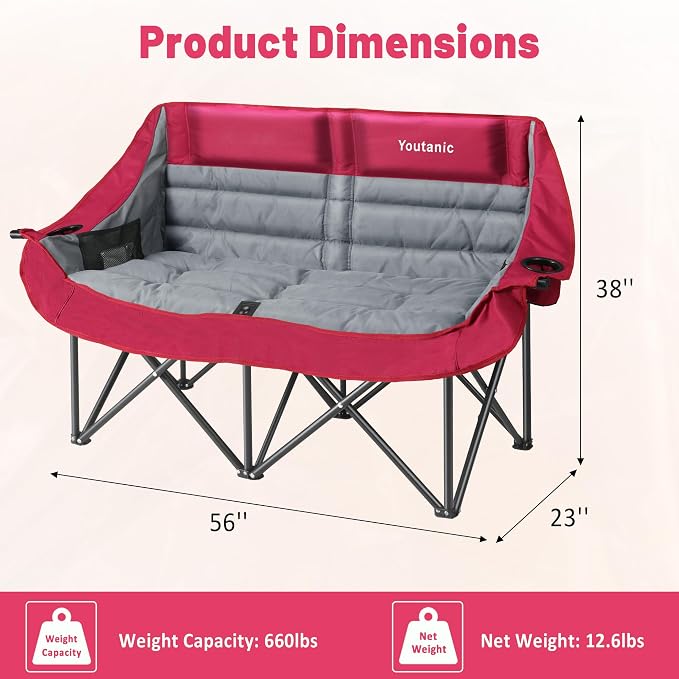 Youtanic Oversized Extra Large Double Padded Camping Chair up to 660lbs, Folding Loveseat Camp Couch with Pocket, Carry Bag, Portable Camping Chairs for Adults, Fishing, Sports, Trip, Red