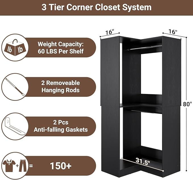 Armocity Corner Closet System, 32 Inches Wide Wood Corner Unit with 2 Hanging Rods and All Hardware Kits, 3-Tier 80'' Height Corner Wood Closet Tower, Black