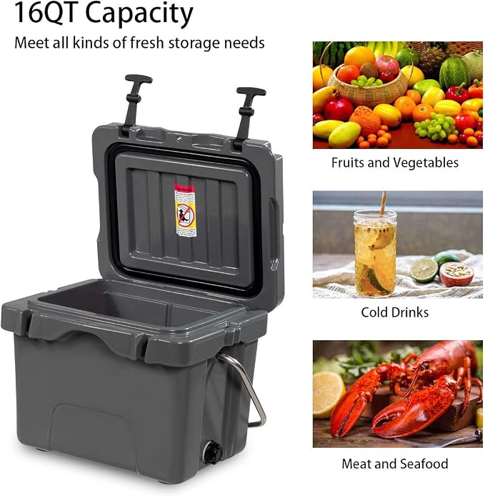 DORTALA 16 Quart Cooler, Heavy Duty Ice Chest with Handle, Drain Plug & 2 Cup Holders, 3-5 Day Ice Retention, Portable Ice Cooler Ideal for Camping, Travel, Fishing &Activities