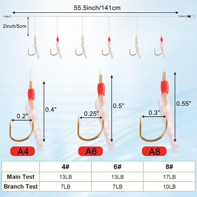 OROOTL Fishing Bait Rigs Saltwater, 6 Packs Surf Fishing Rigs with Sharp Hooks Fish Skin Feather Swivel Snap Glow Saltwater Lures Sea Bass Cod Herring Hook Rig Size 4 6 8