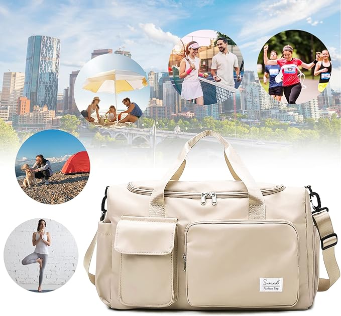 Suruid Sports Gym Bag with Shoes Compartment Travel Duffel Bag with Dry Wet Separated Pocket for Men and Women, Overnight Bag Weekender Bag Training Handbag Yoga Bag - Off White