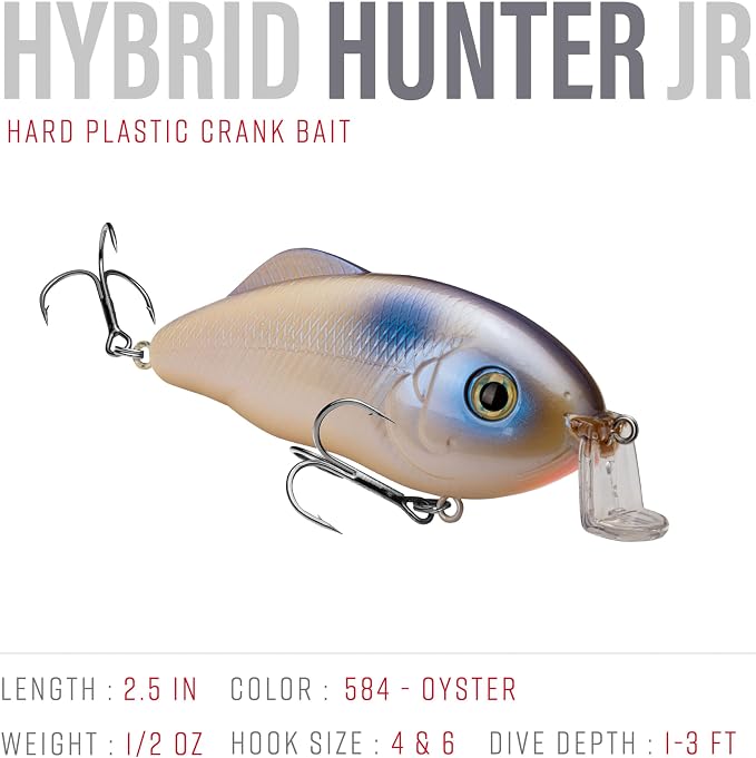 Strike King Hybrid Hunter Shallow Jr. Fishing Lure, Shallow Diving Crankbait, 90-Degree Bill, 3D Eyes, Loud Rattle, Dives 1 to 3-Feet,Size 4 & 6 Treble Hooks