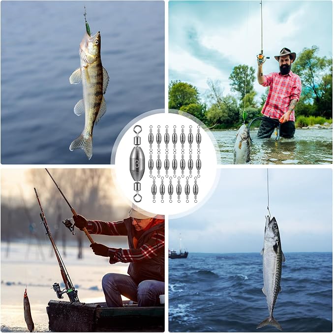 Seenelling 20 Pcs Brass Fishing Sinker Swivel Fishing Weights Saltwater Bullet Sinkers Drop Shot Weight Egg Sinkers with Swivel Rolling Removable Freshwater