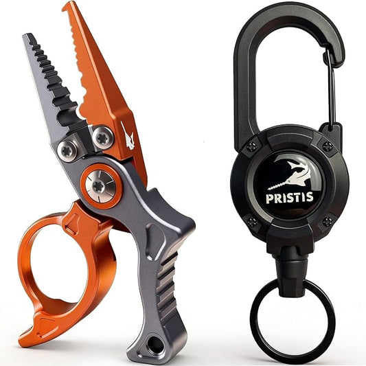 Pristis Micro Pocket Pliers with Zinger Retractor, Small Saltwater Resistant Aluminum Hook Remover with Tungsten Braided Line Cutter, O Ring Split Gear, Bass Fish Multi Tool Kit Fly Fishing Accessory