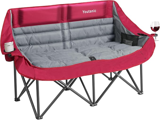 Youtanic Oversized Extra Large Double Padded Camping Chair up to 660lbs, Folding Loveseat Camp Couch with Pocket, Carry Bag, Portable Camping Chairs for Adults, Fishing, Sports, Trip, Red