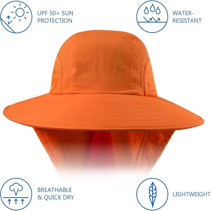 BASSDASH UPF 50+ Unisex Water Resistant Wide Brim Sun Hat with Large Neck Flap Ponytail Fishing Hat for Men Women